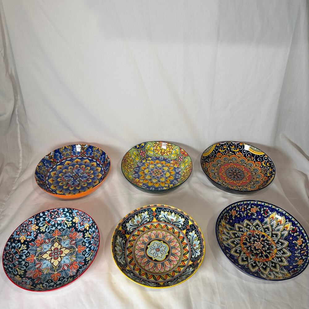 Vancasso Porcelain 32 oz Pasta Bowls Set of 6 Hand Painted Mediterranean Pattern